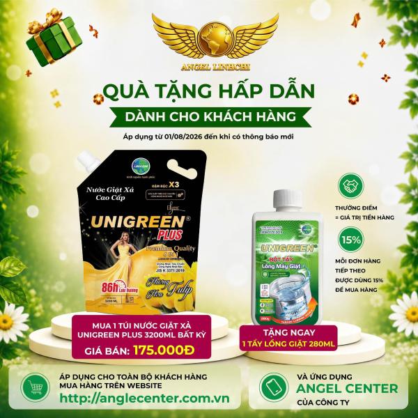 [CTBH] Nước giặt xả cao cấp UniGreen PLUS - Hương Hoa hồng (Túi 3200 ml) - Tặng Tẩy lồng giặt và Tẩy đa năng 